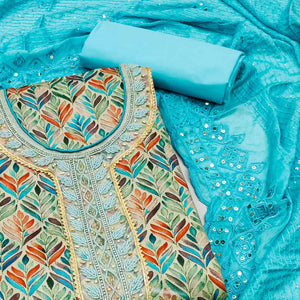 Chikoo & Blue Printed With Handwork Pure Cotton Dress Material