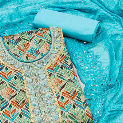 Chikoo & Blue Printed With Handwork Pure Cotton Dress Material
