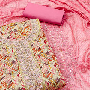 Chikoo & Pink Printed With Handwork Pure Cotton Dress Material