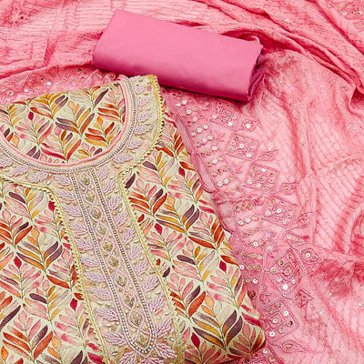 Chikoo & Pink Printed With Handwork Pure Cotton Dress Material