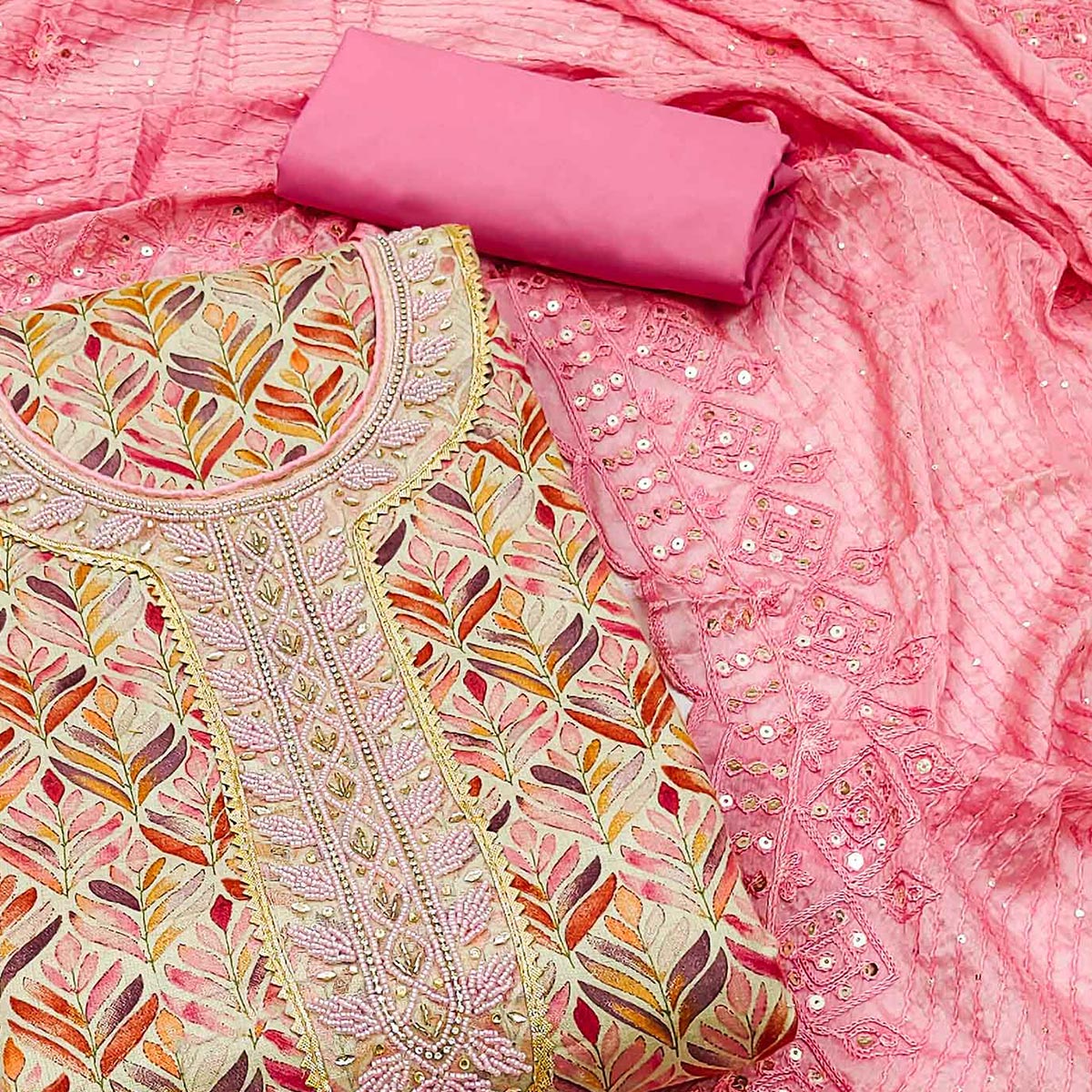 Chikoo & Pink Printed With Handwork Pure Cotton Dress Material