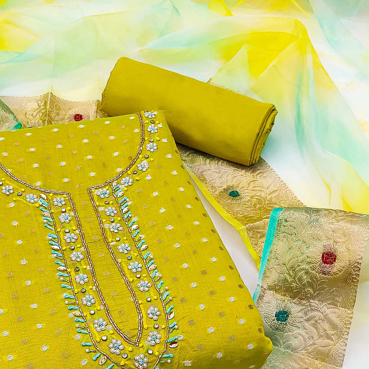 green-woven-with-handwork-modal-dress-material
