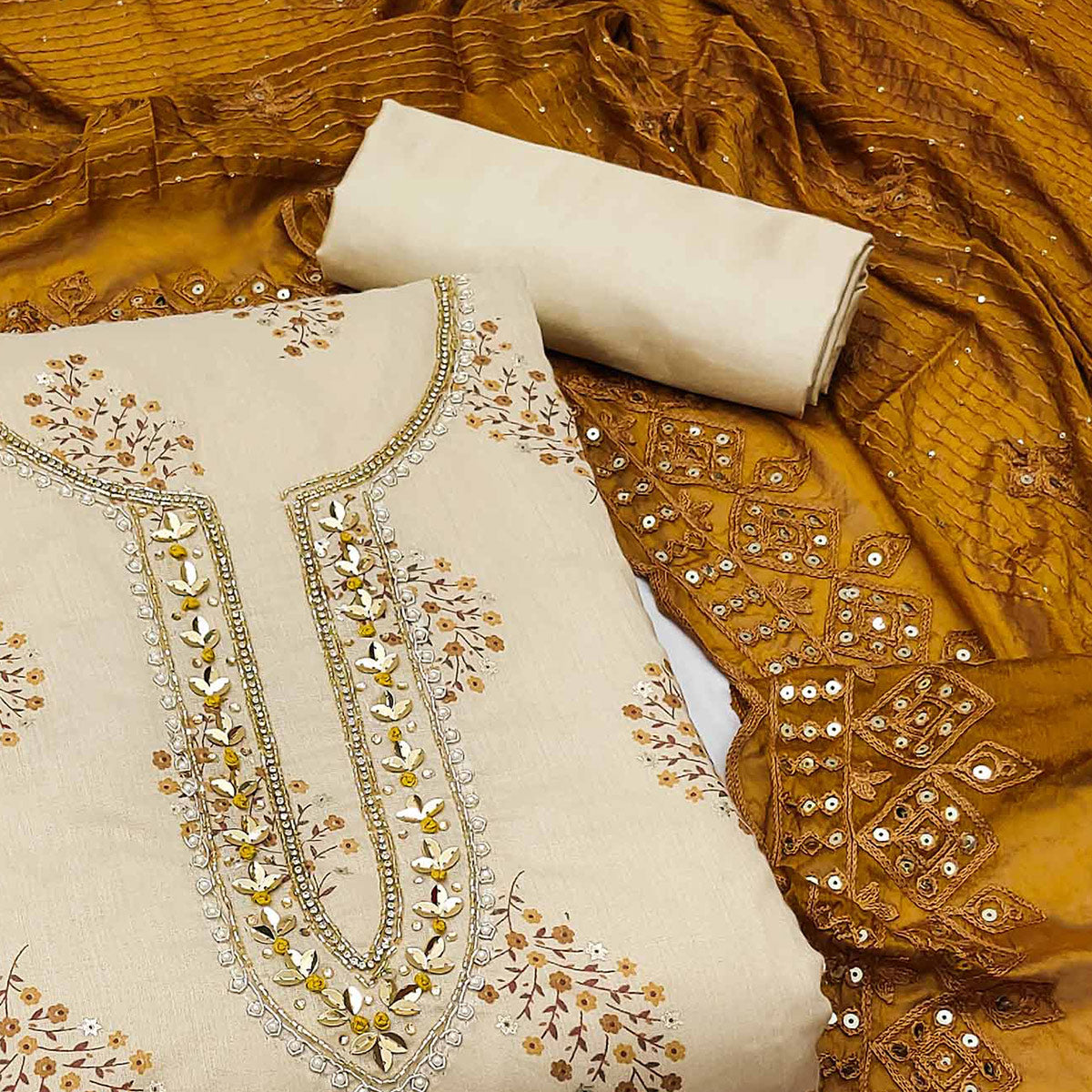 Chikoo Printed With Handwork Modal Dress Material