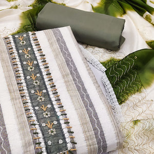 Cream & Green Embroidered With Handwork Pure Cotton Dress Material