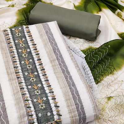 Cream & Green Embroidered With Handwork Pure Cotton Dress Material
