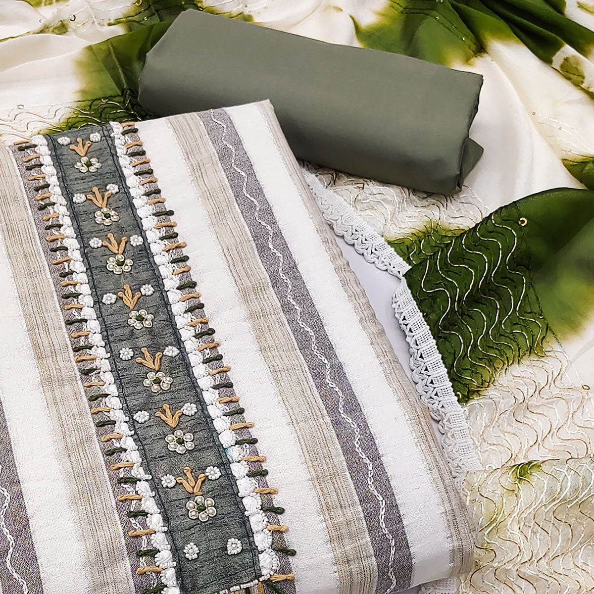 Cream & Green Embroidered With Handwork Pure Cotton Dress Material
