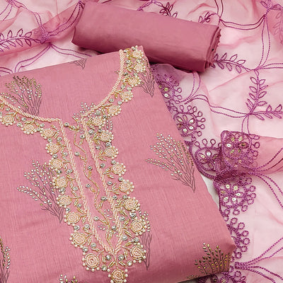 Mauve Printed With Handwork Modal Dress Material