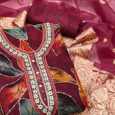 Maroon Digital Printed With Handwork Organza Dress Material