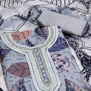 Grey Printed Organza Dress Material