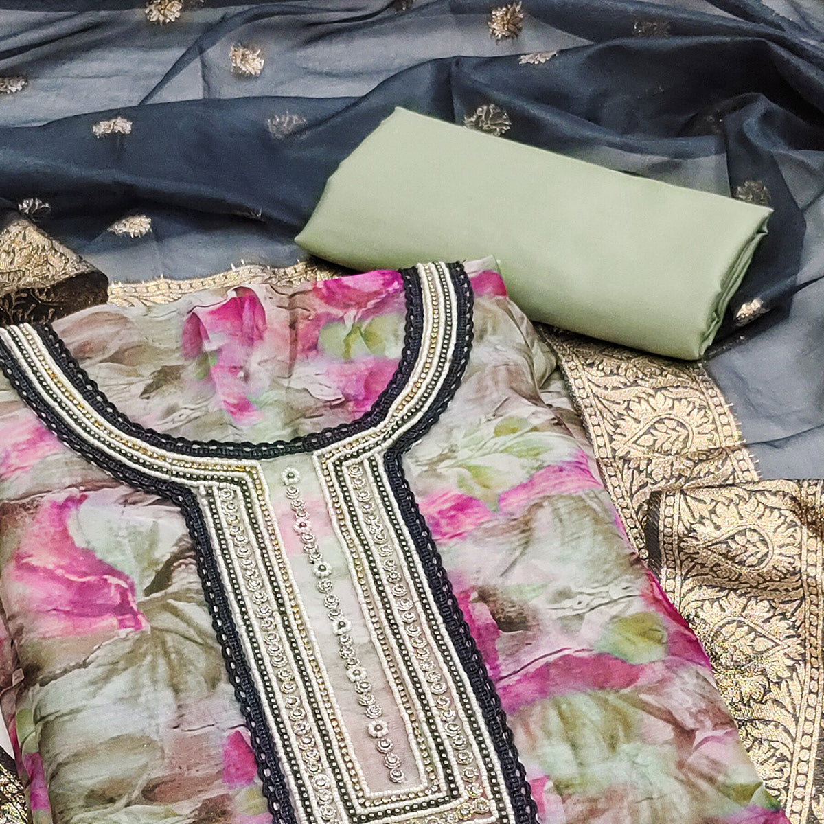 green-floral-printed-organza-dress-material