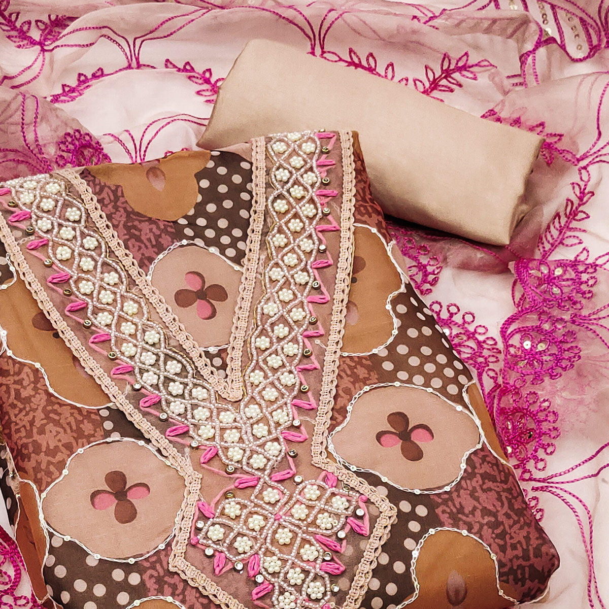 Chikoo Floral Printed Organza Dress Material