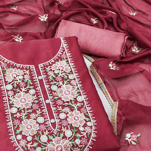 Maroon Floral Embroidered Organza Dress Material