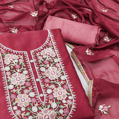 Maroon Floral Embroidered Organza Dress Material