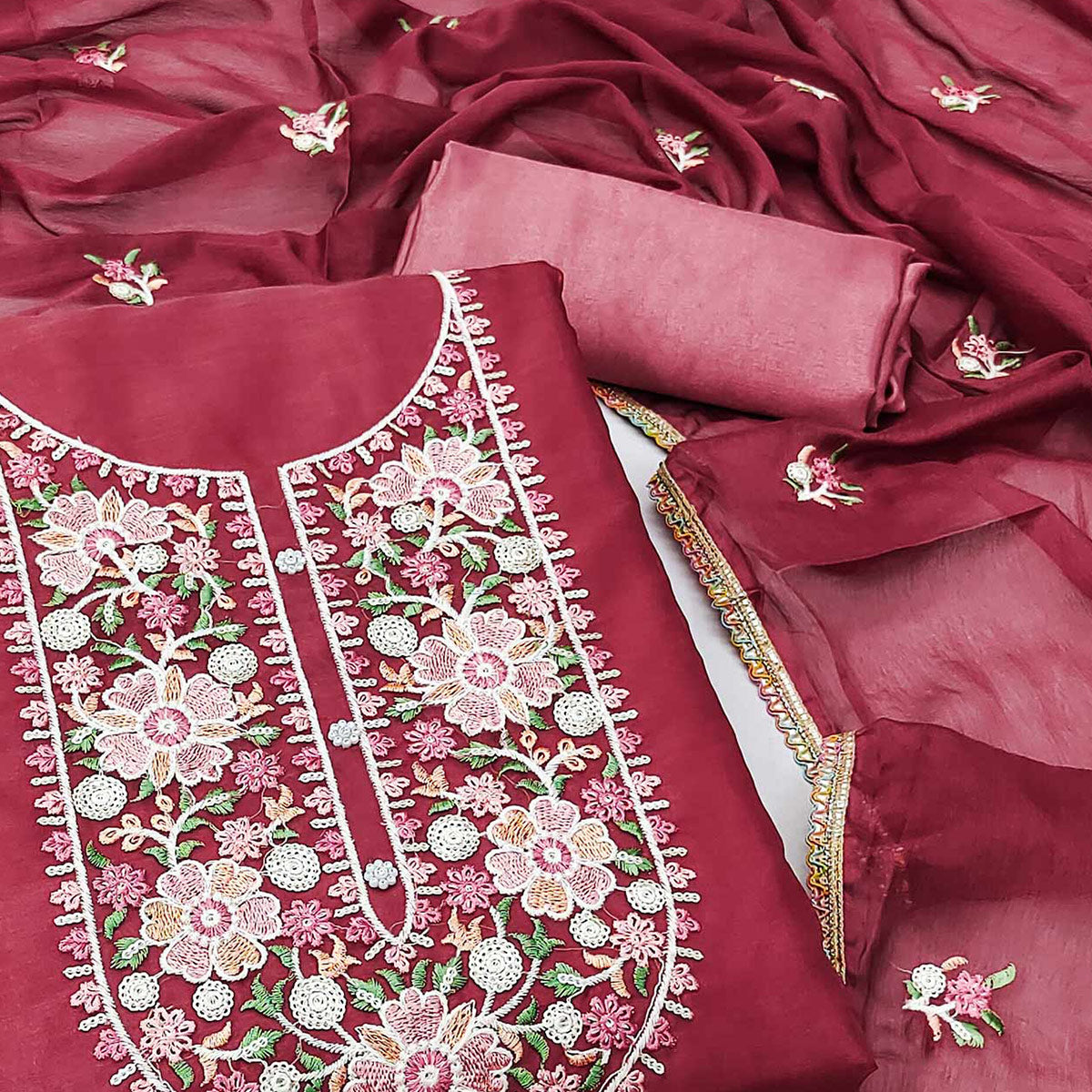 Maroon Floral Embroidered Organza Dress Material