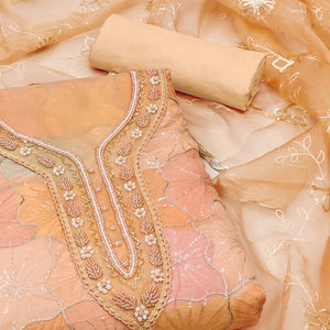 Light Peach Sequins Embroidered With Handwork Organza Dress Material