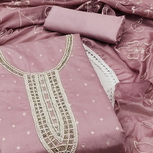 Mauve Woven With Moti Handwork Chanderi Silk Dress Material