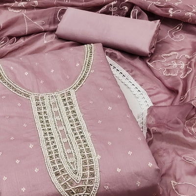 Mauve Woven With Moti Handwork Chanderi Silk Dress Material