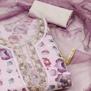 Mauve Floral Embroidered With Printed Organza Dress Material