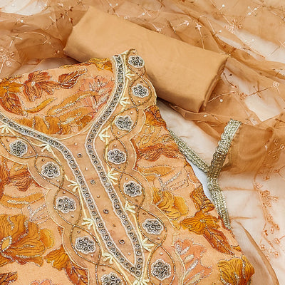 Chikoo Floral Printed Organza Dress Material