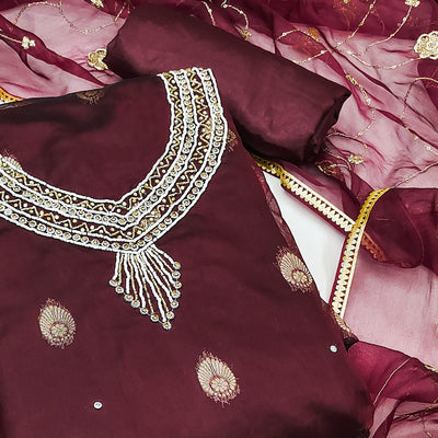 Maroon Floral Woven Organza Dress Material