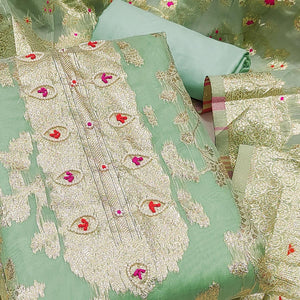 green-floral-woven-chanderi-silk-dress-material
