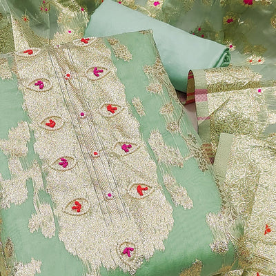 green-floral-woven-chanderi-silk-dress-material