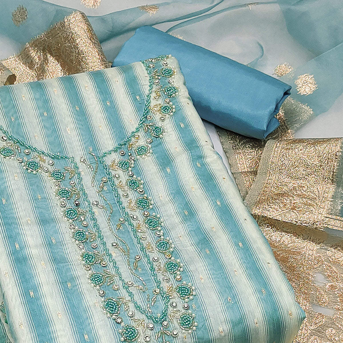Blue Woven Banarasi Silk Dress Material