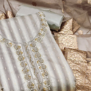 Grey Woven Banarasi Silk Dress Material