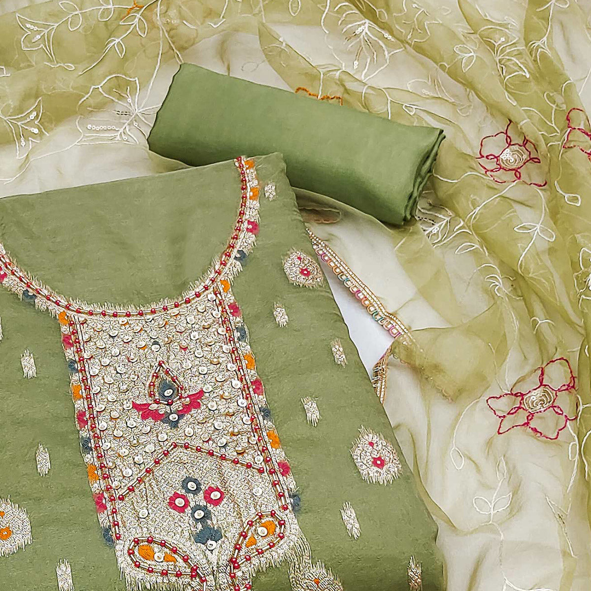 green-woven-with-handwork-organza-dress-material