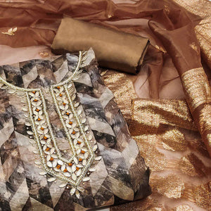 Brown Digital Printed With Woven Organza Dress Material