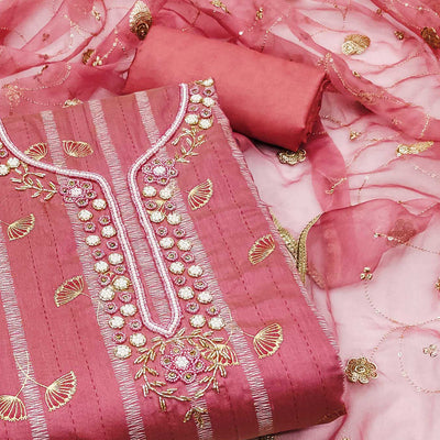 Gajri Pink Foil Printed Chanderi Silk Dress Material