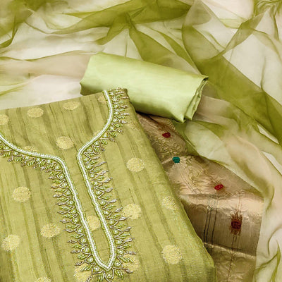 green-woven-chanderi-silk-dress-material