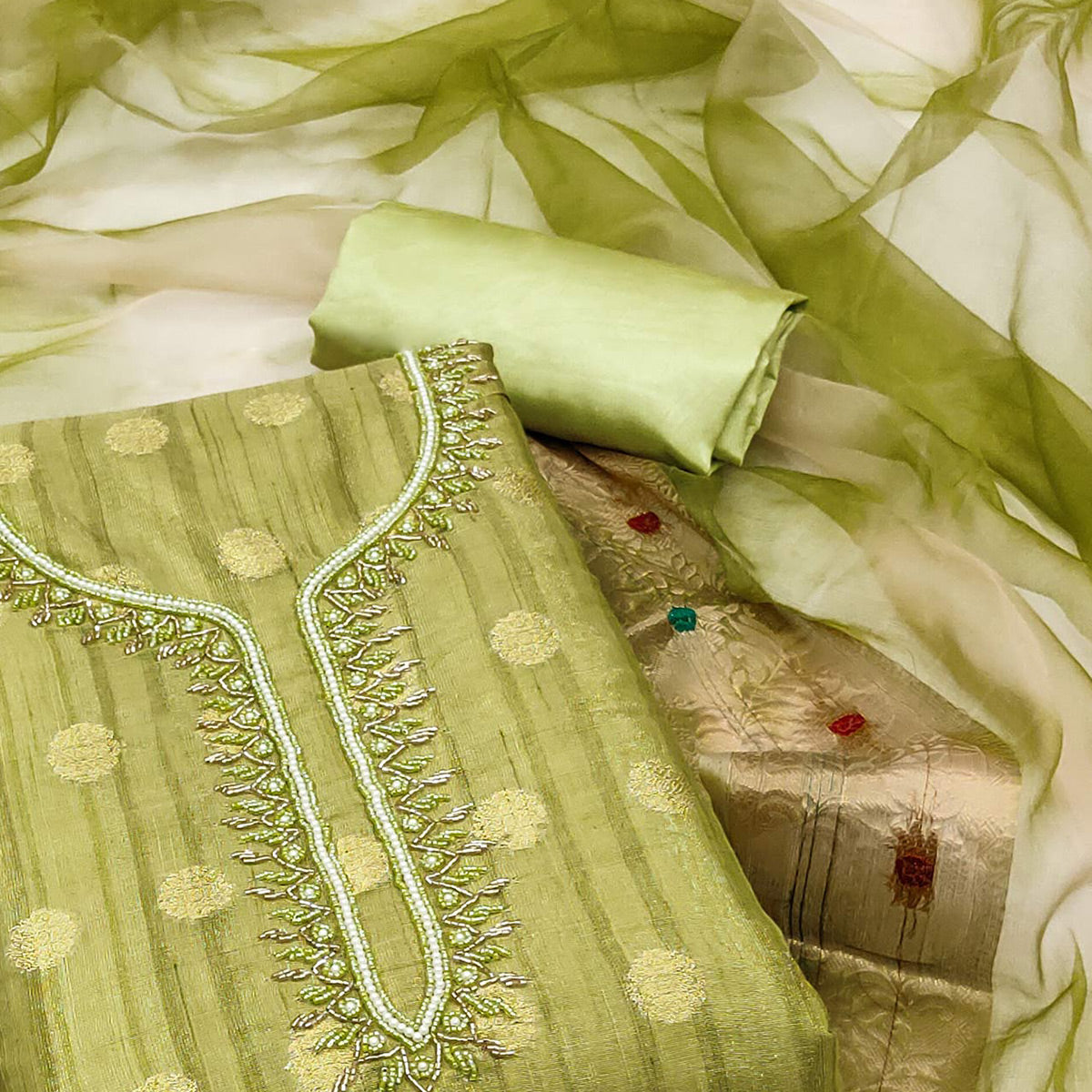 green-woven-chanderi-silk-dress-material