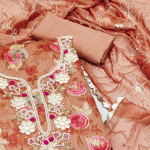 Dark Peach Woven Chanderi Silk Dress Material
