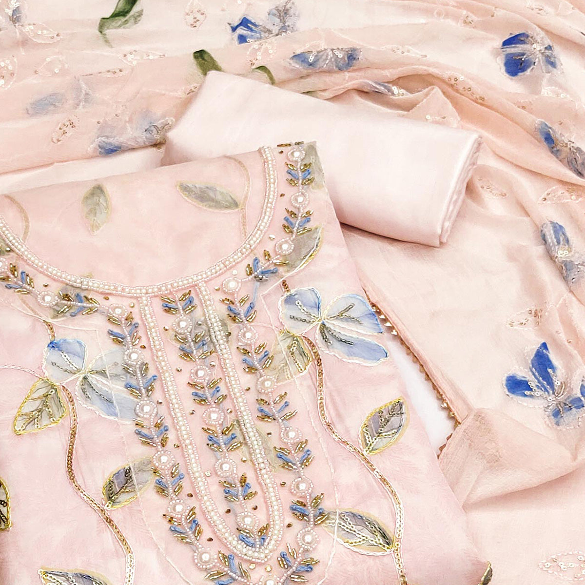 Light Peach Floral Printed Organza Dress Material
