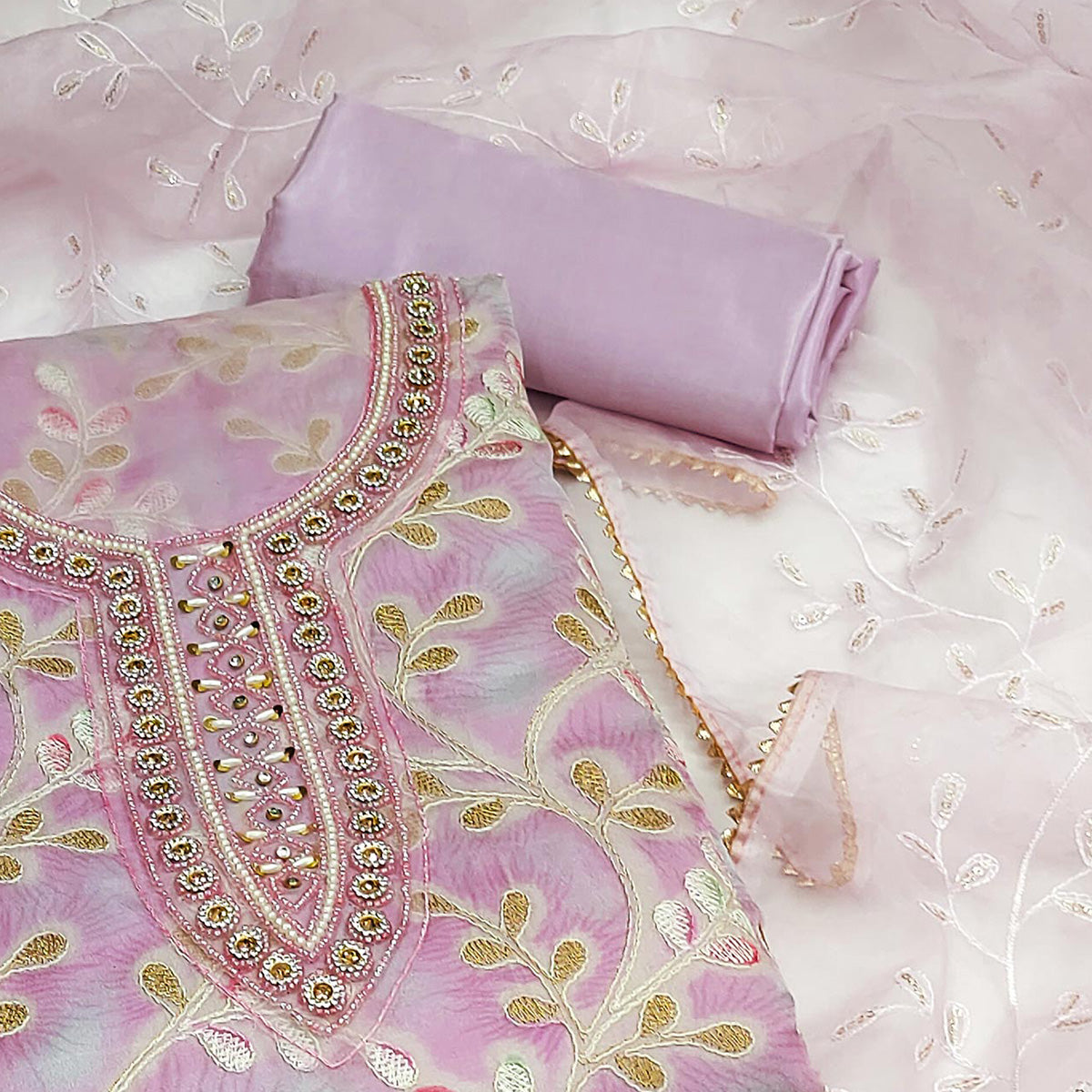 Light Purple Embroidered Organza Dress Material