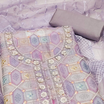 Light Lavender Sequins Embroidered Organza Dress Material