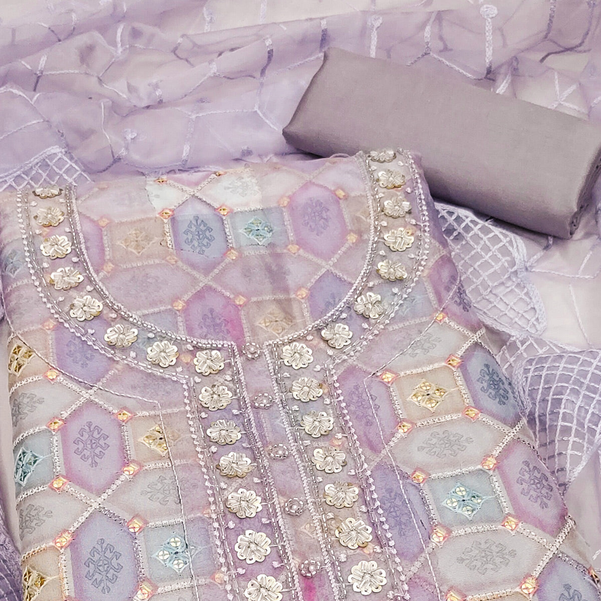 Light Lavender Sequins Embroidered Organza Dress Material