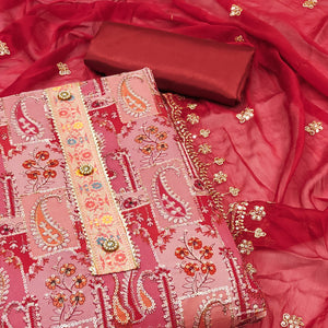 Gajari Red Floral Embroidered With Printed Organza Dress Material