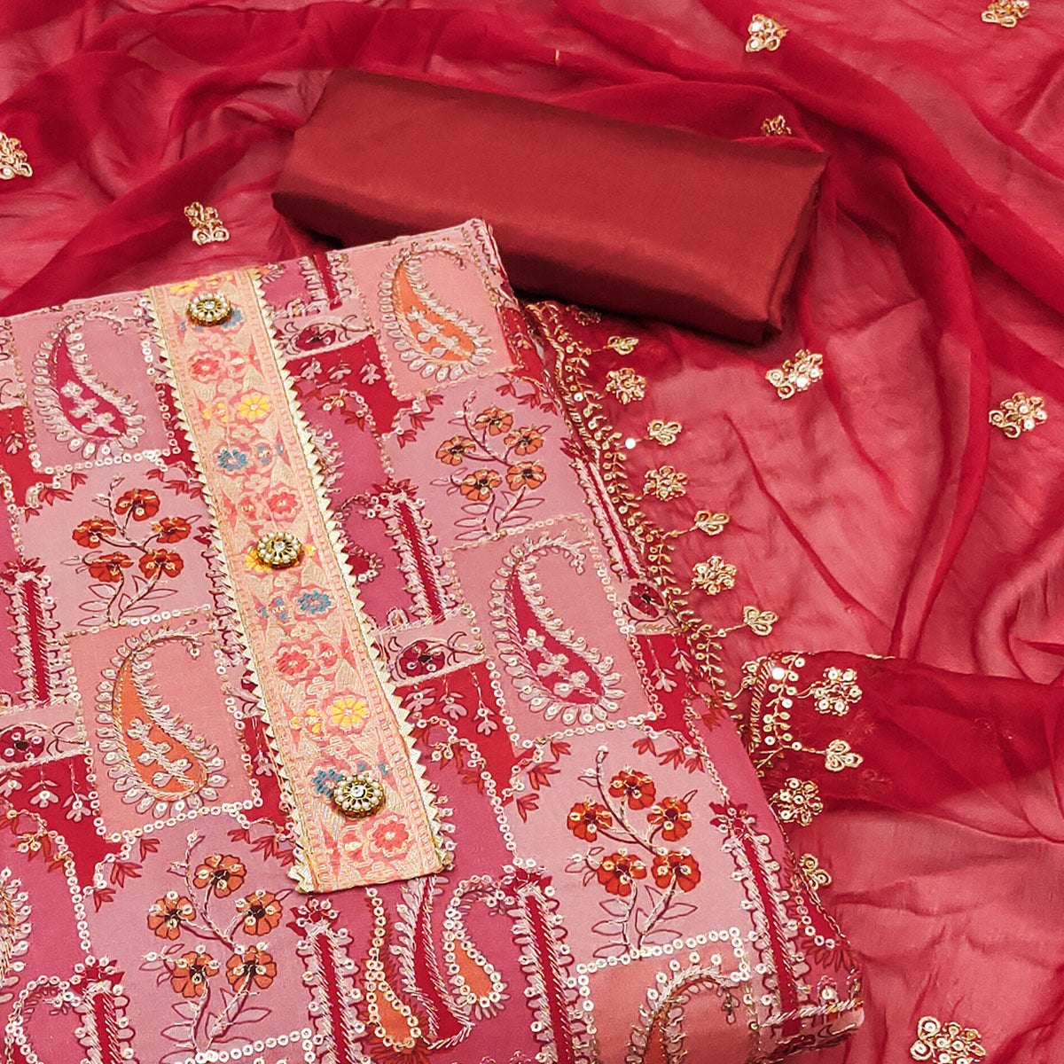 Gajari Red Floral Embroidered With Printed Organza Dress Material