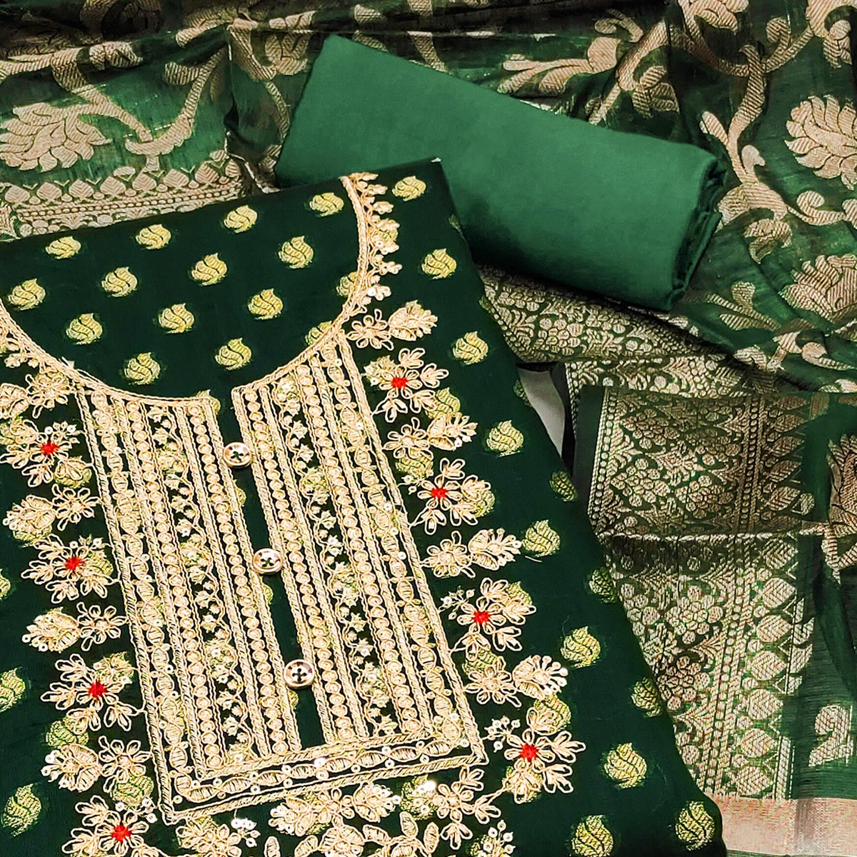 green-woven-with-embroidered-banarasi-silk-dress-material