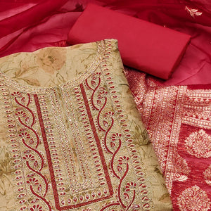 Chikoo Floral Digital Printed With Embroidery Viscose Dress Material