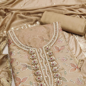 Chikoo Floral Hand Embroidered Organza Dress Material