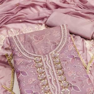 Mauve Floral Hand Embroidered Organza Dress Material