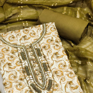 Mehendi Green Digital Printed With Hand Embroidered Muslin Dress Material