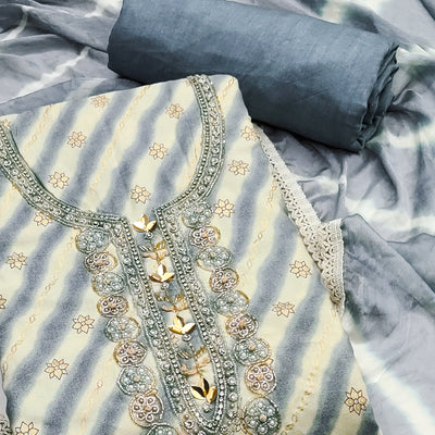 Grey Printed With Hand Embroidered Pure Cotton Dress Material