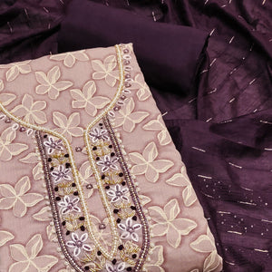 Light Mauve Floral Printed With Hand Embroidery Chanderi Dress Material