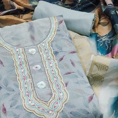 Grey Printed With Sequins Embroidered Chanderi Dress Material