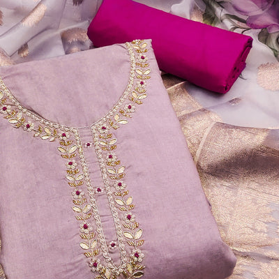 Light lavender Floral Digital Printed With Handwork Pure Cotton Dress Material