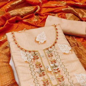Light Peach Printed With Hand Embroidery Chanderi Dress Material
